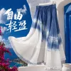 Blue and white gradient tie-dyed cool silk-stored linen dress for women with floral style Specification image